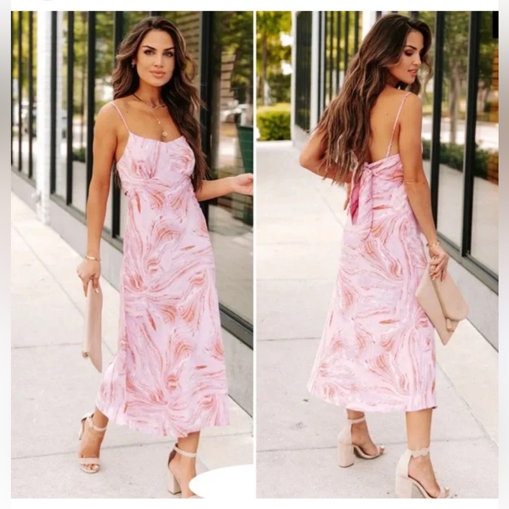 LUSH - SARAI SATIN MARBLE PRINT MIDI DRESS - PINK LILAC // L